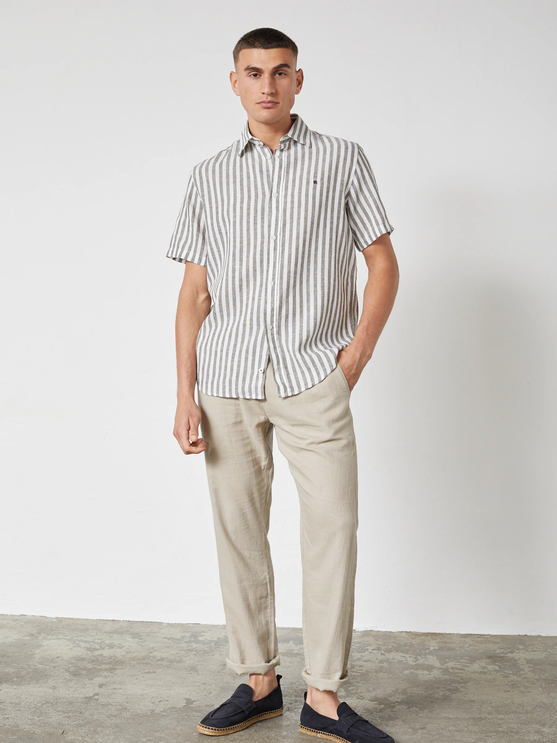 ASGER LINEN SHIRT SS - Olive Stripe - Image 3