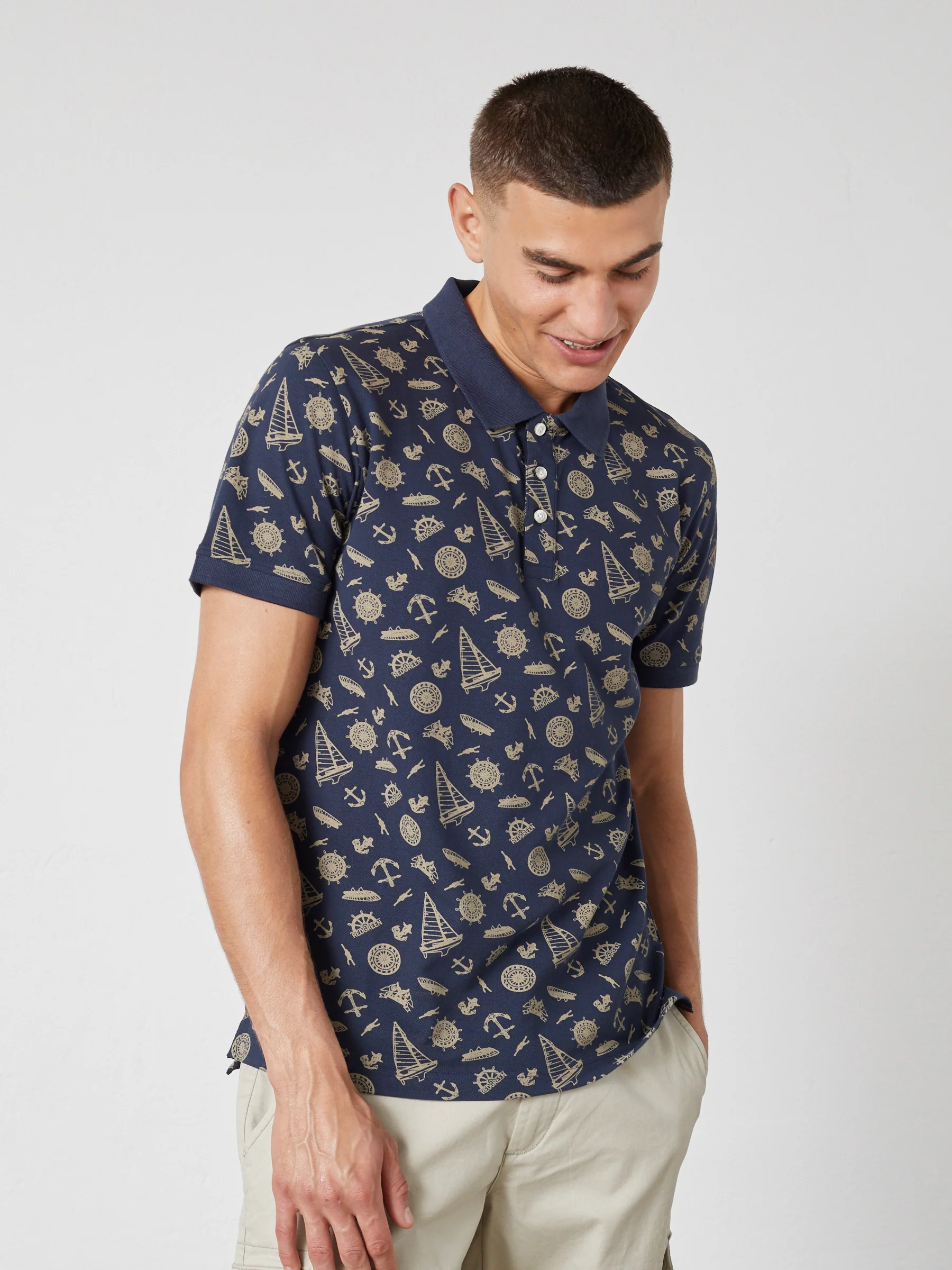 COLTON POLO T-SHIRT - Navy pattern with sand