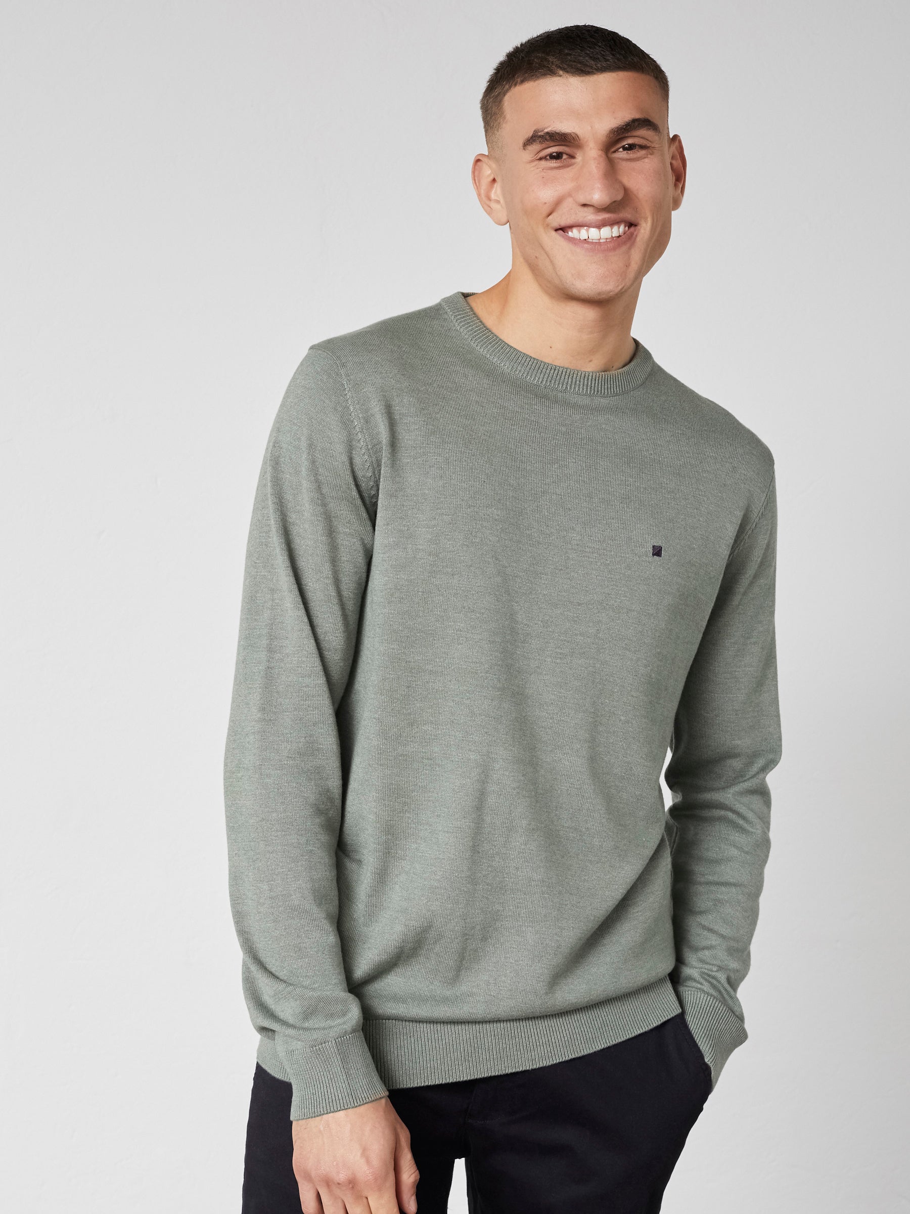 JULIAN O-NECK COTTON KNIT - Olive Melange