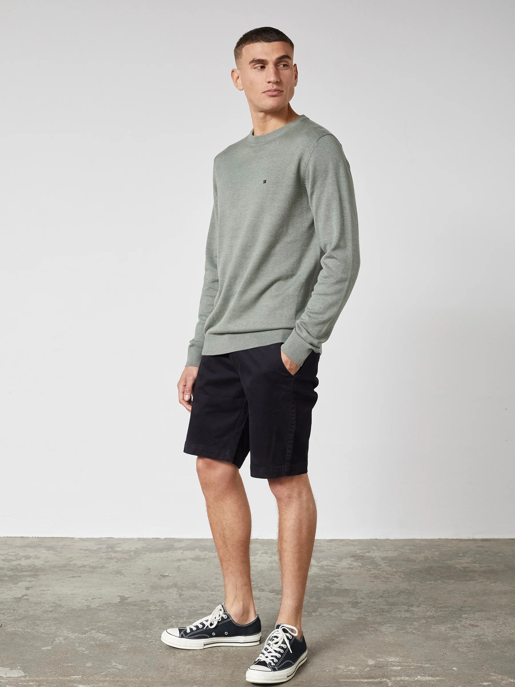 JULIAN O-NECK COTTON KNIT - Olive Melange - Image 3